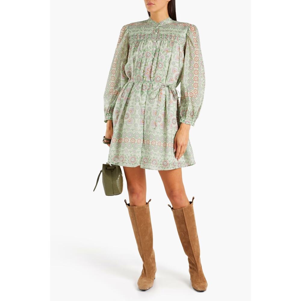 Joie Challensia Pintucked Floral Long Sleeve Mini Dress Sage Green Large